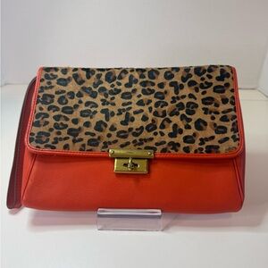Fossil Orange Leather and Calf Hair Cheetah Print Clutch